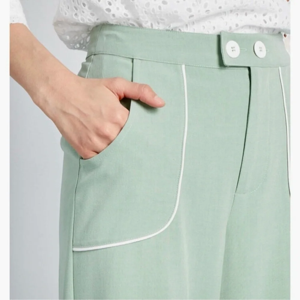 MODCLOTH Pastel Mint Green Wide Leg Trousers Pants w White Piping Trim